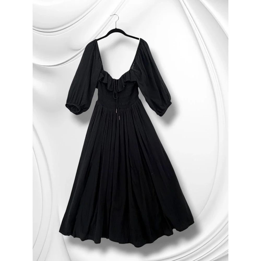 Free People Oasis Smocked Ruffle Cotton Midi Dress Black XS
